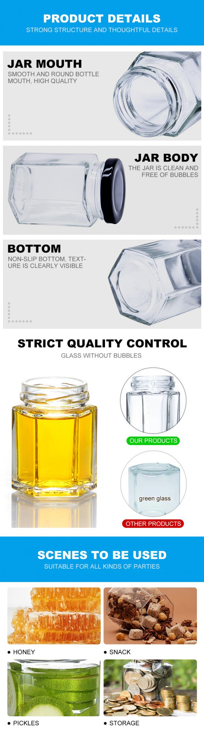 Προσαρμοσμένη ετικέτα 250 ml Hexagon Honey Glass Jam Jar με βαθύ μεταλλικό καπάκι 3