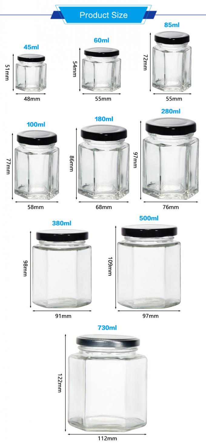 Προσαρμοσμένο λογότυπο 100 ml 180 ml 280 ml 380 ml Τζαμά σάλτσα Αποθήκευση γυάλινα μπουκάλια Διαφανή εξαγωνικό γυάλινο βάζο μελιού 2