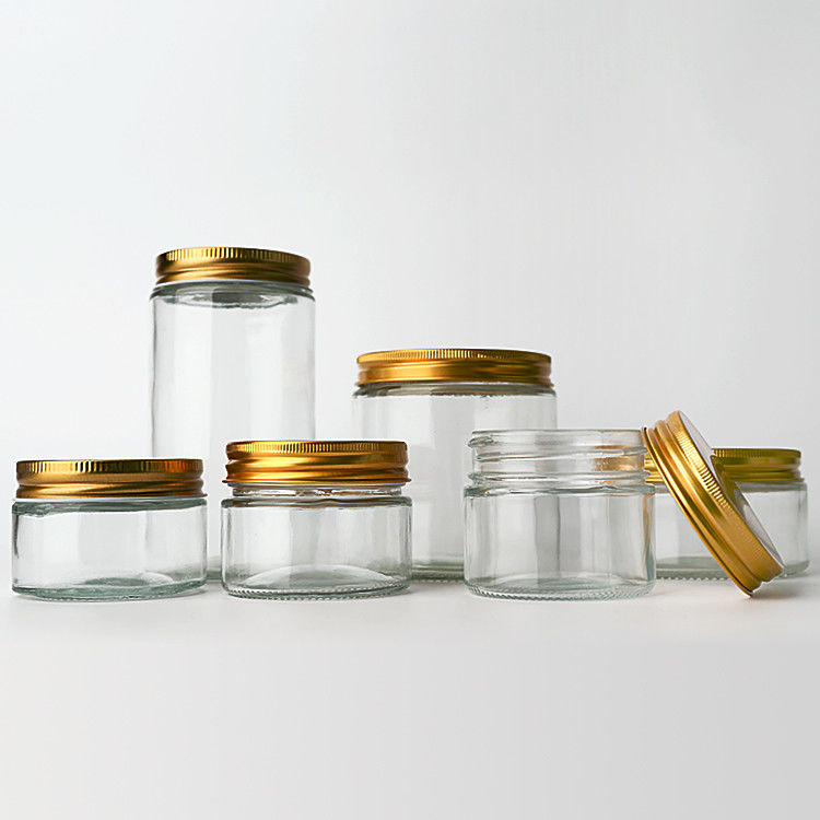 Φαρμακευτική προμήθεια 8oz 12oz κενό διαυγές γλυκά στρογγυλά δοχεία γυάλινα βάζα με χρυσά μεταλλικά καπάκια